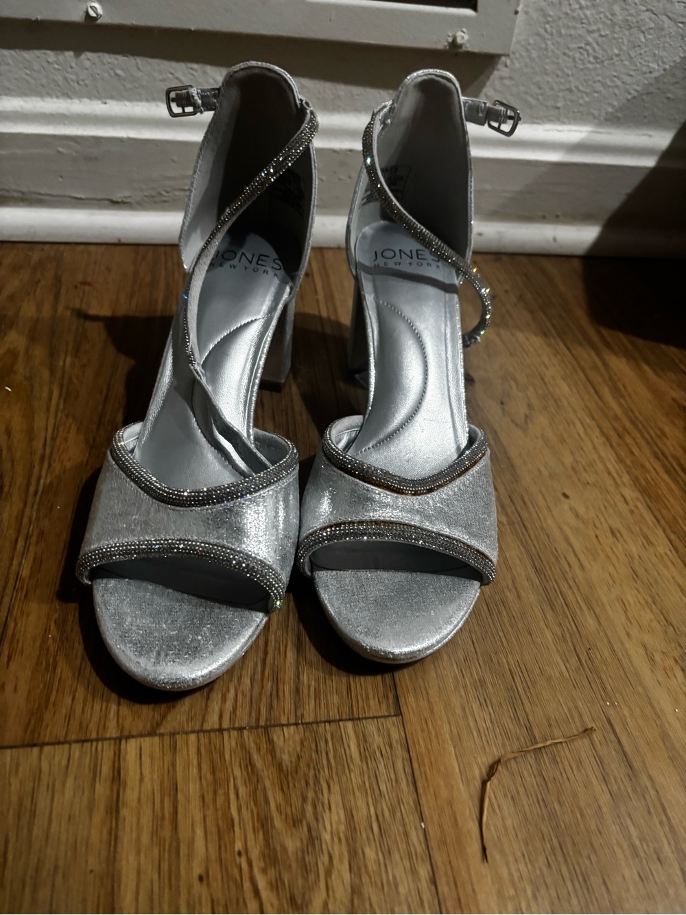 Jones New York Silver Glitter Ankle-Strap Block Heels